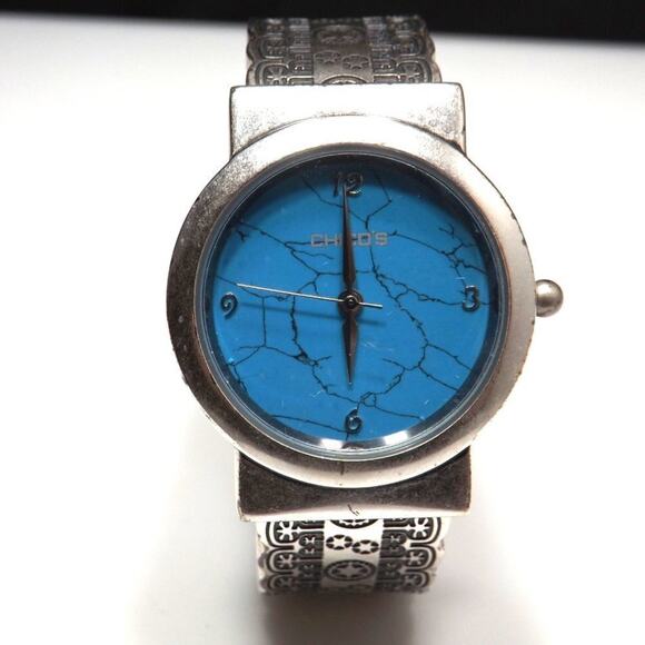Chico's Cuff Watch, Turquoise Face, Silver Tone Engraved Band, Japanese Movement - Picture 6 of 12